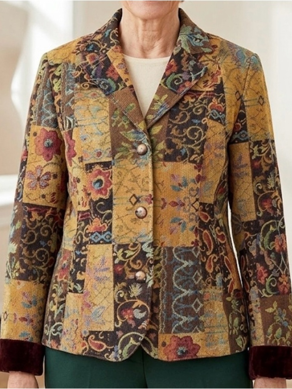 Coldwater Creek Tapestry Patchwork Blazer Jacket Sz PMD Velvet Cuffs